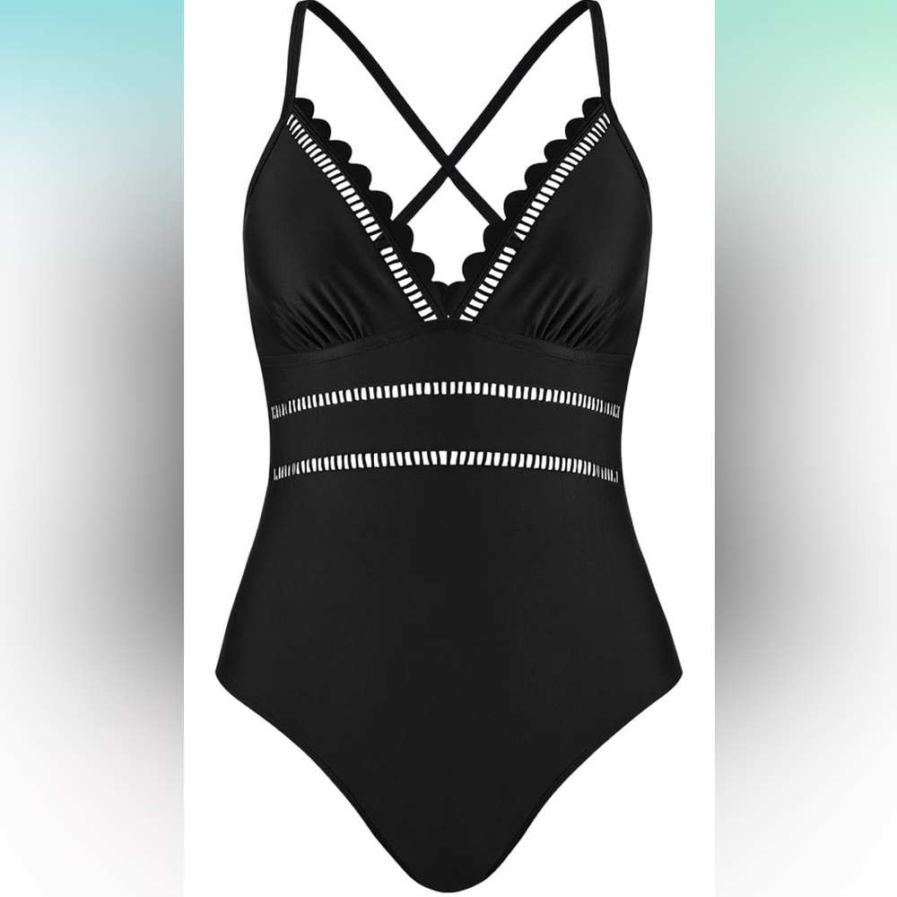 NWT Cupshe Black Scalloped One-Piece Swimsuit, Size Lg